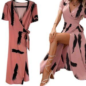 Womens Pink & Black Abstract Brush Stroke Print Wrap Dress Size (L)